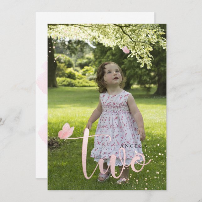 Convite PixDezines Rosa Dourado Borboletas Cor de Água (Frente/Verso)