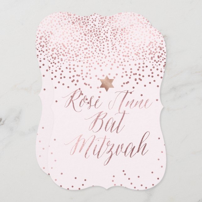 Convite PixDezines Rosa Dourado/Foil Faux/Bat Mitzvah (Frente/Verso)