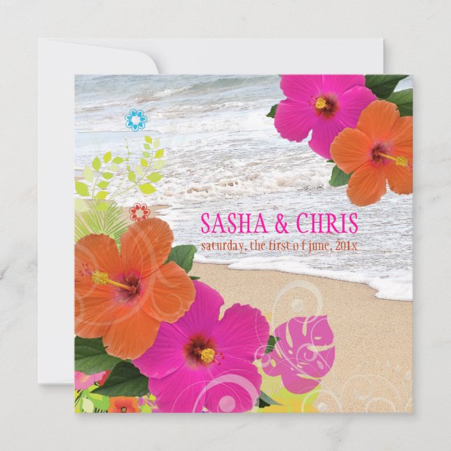 Convite PixDezines rosa quente+hibiscus laranja+monstera (Frente)