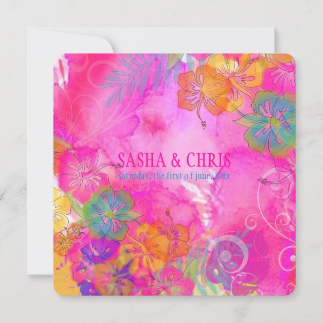 Convite PixDezines rosa quente+hibiscus laranja+monstera (Frente)