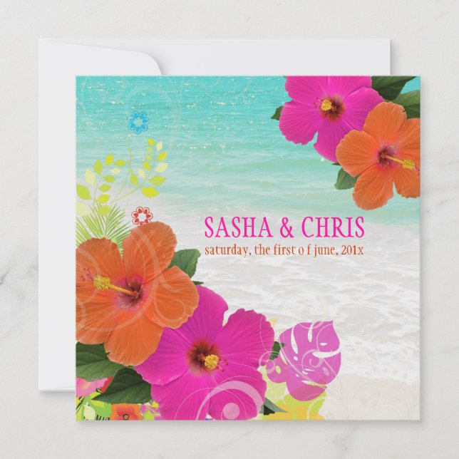 Convite PixDezines rosa quente+hibiscus laranja+monstera (Frente)