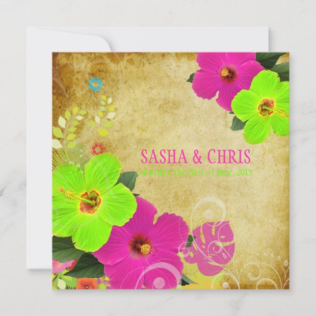 Convite PixDezines, rosa quente+néon, hibiscus+monstera (Frente)