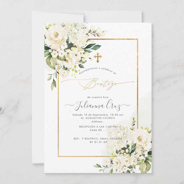 Convite PixDezines Rosas Crema y Hortensias Bautizo (Frente)