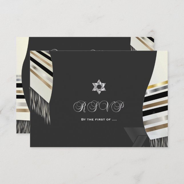 Convite PixDezines RSVP Black White Tallit Mitzvah (Frente/Verso)