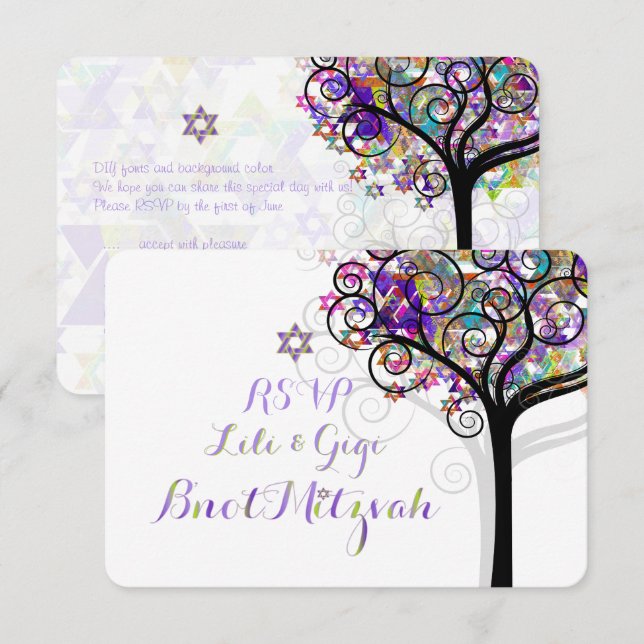 Convite PixDezines RSVP TREE OF LIFE Bnot MITZVAH/PURPLE (Frente/Verso)