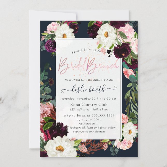 Convite PixDezines Rustic Bloom, Brunch de Noiva Azul Mari (Frente)