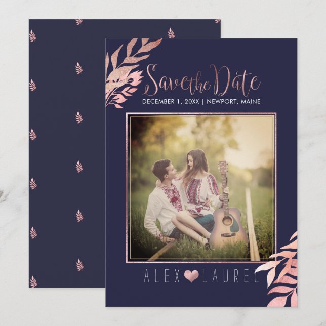 Convite PixDezines Salve a Data/Folhas em Tom Dourado Rose (Frente/Verso)