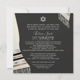 Convite PixDezines seda sintética talit mitzvah/preta+prat