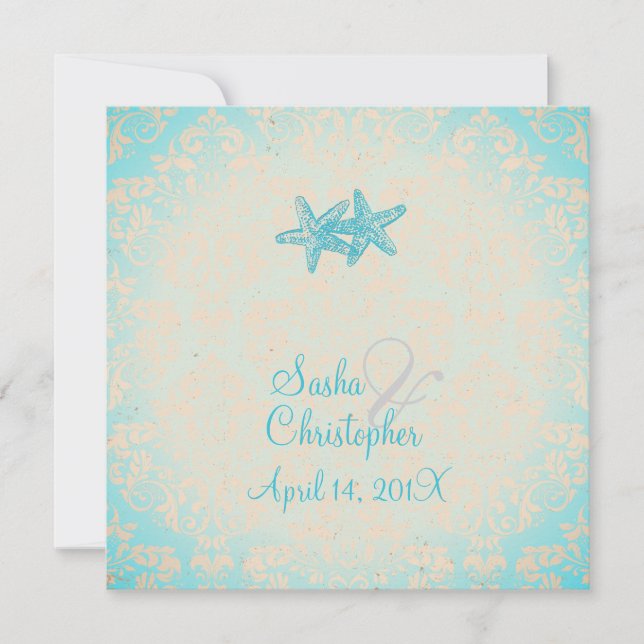 Convite PixDezines Starfish + Damask Invitations. (Frente)