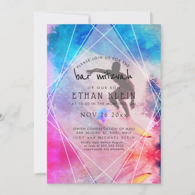 Convite PixDezines Surfs Up/Surfer/Bar de praia Mitzvah (Frente)