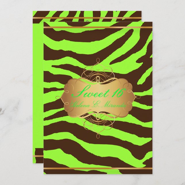 Convite PixDezines SWEET 16/BROWN ZEBRA/DIY NEON VERDE (Frente/Verso)