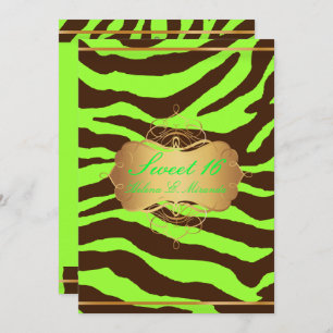 Convite PixDezines SWEET 16/BROWN ZEBRA/DIY NEON VERDE