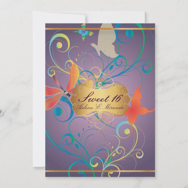 Convite PixDezines Sweet 16/Butterfiles/Swirls/Dragonflies (Frente)
