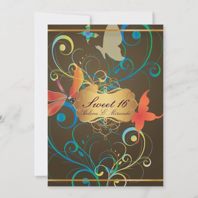 Convite PixDezines Sweet 16/Butterfiles/Swirls/Dragonflies (Frente)