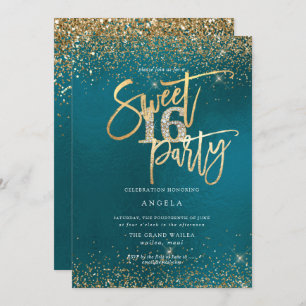 Convite PixDezines Sweet 16 Diamond Dourado Glitters Teal