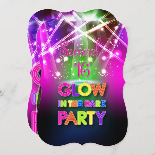 Convite PixDezines Sweet 16, Laser Lights/Glow Party (Frente/Verso)