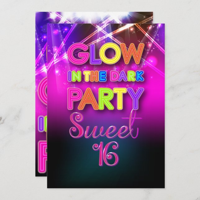 Convite PixDezines Sweet 16, Laser Lights/Glow Party (Frente/Verso)