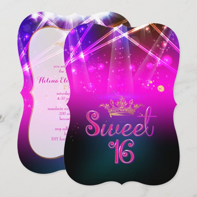 Convite PixDezines Sweet 16, Luzes Laser/Luzes Neon (Frente/Verso)