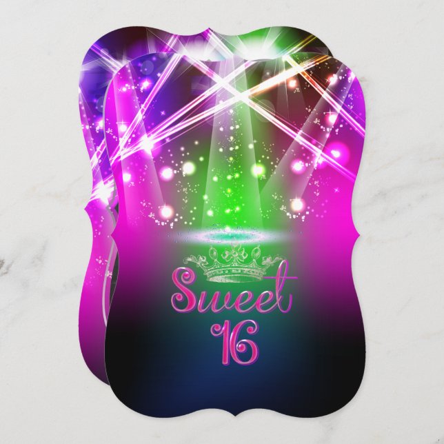 Convite PixDezines Sweet 16, Luzes Laser/Luzes Neon (Frente/Verso)