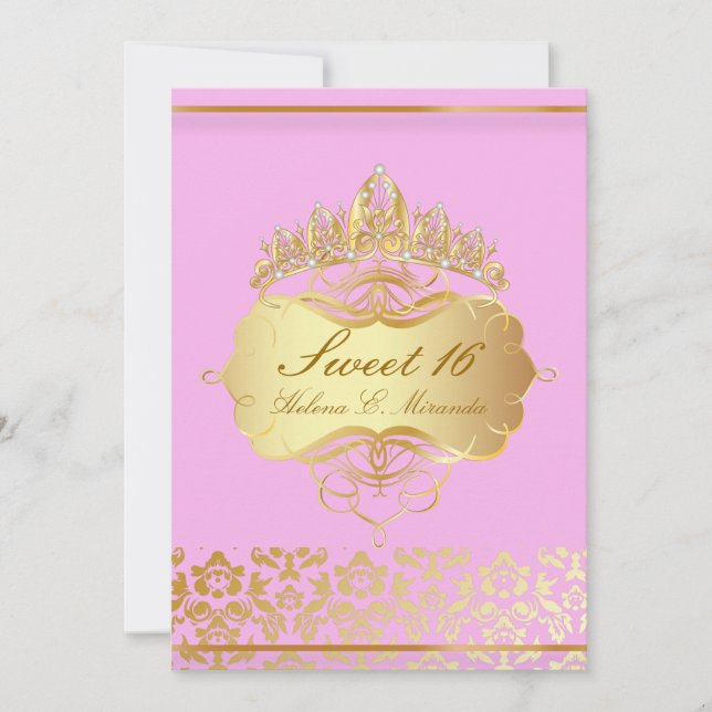 Convite PixDezines Sweet 16/ princesa/rosa+damask dourada (Frente)