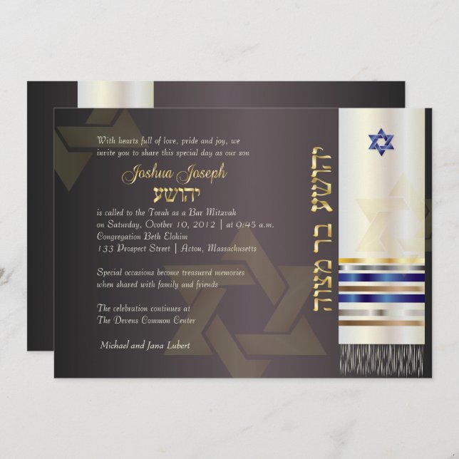 Convite PixDezines talit/Bar Mitzvah/cinzas/ouro (Frente/Verso)