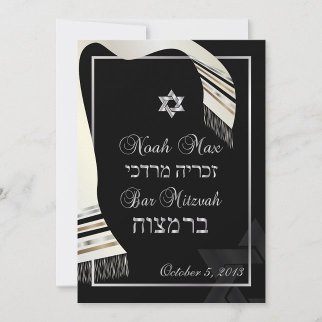 Convite PixDezines talit falso seda mitzvah preto+prata (Frente)
