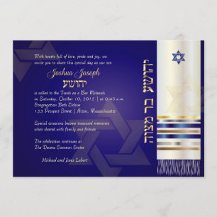 Convite PixDezines talit/Stylish Bar Mitzvah/azul/dourado