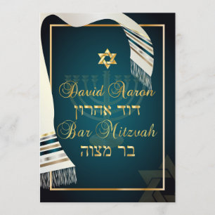 Convite PixDezines Tallit bar mitzvah/teal/ouro