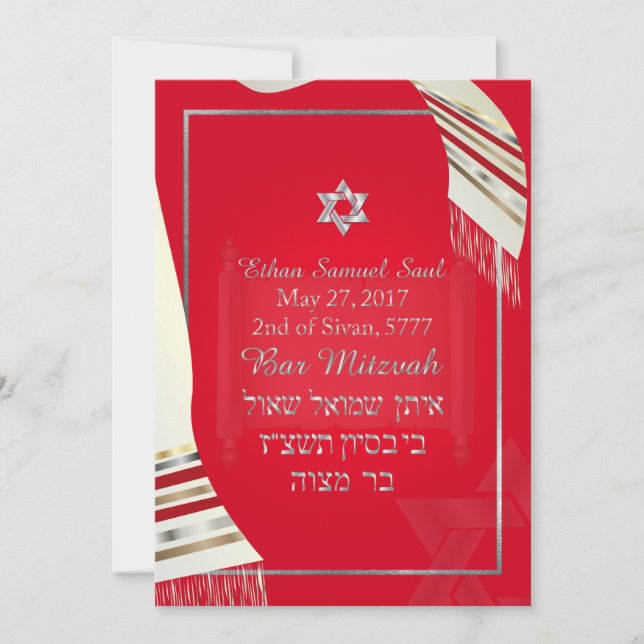 Convite PixDezines TALLIT BAR MITZVAH/VERMELHO+PRATA (Frente)