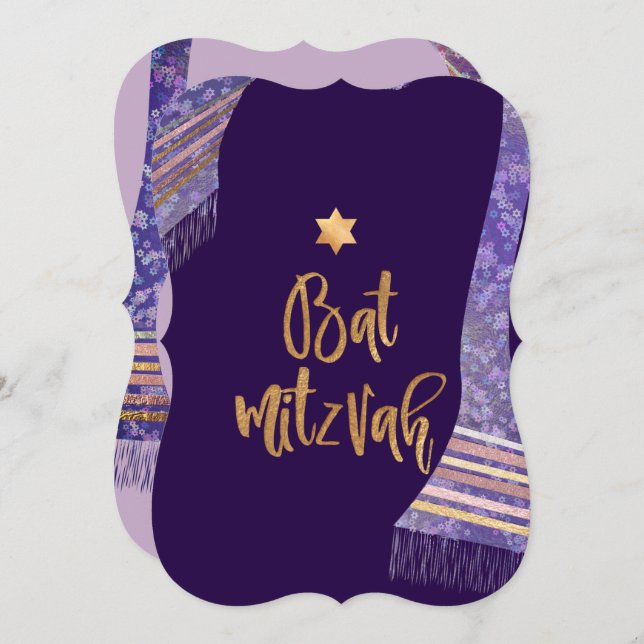 Convite PixDezines Tallit/Lavanda Roxo/Bat Mitzvah (Frente/Verso)