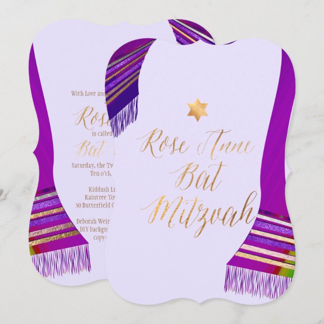 Convite PixDezines Tallit/Magenta/Roxo/Bat Mitzvah (Frente/Verso)