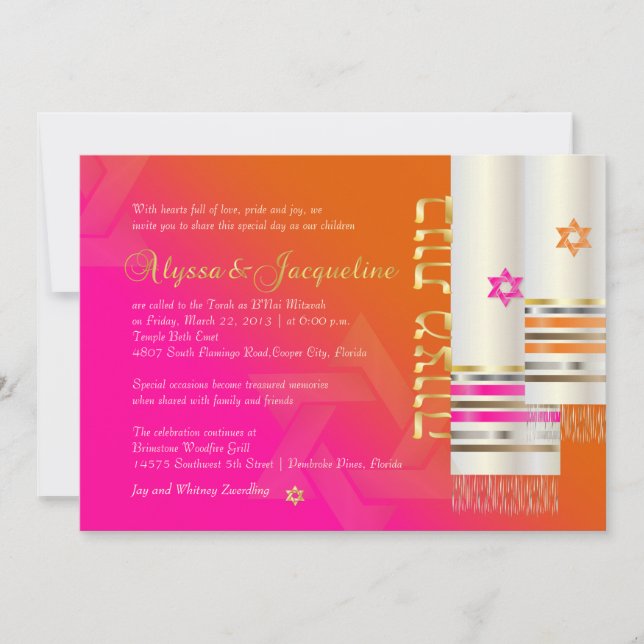 Convite PixDezines Tallits B'not mitzvah laranja/rosa (Frente)