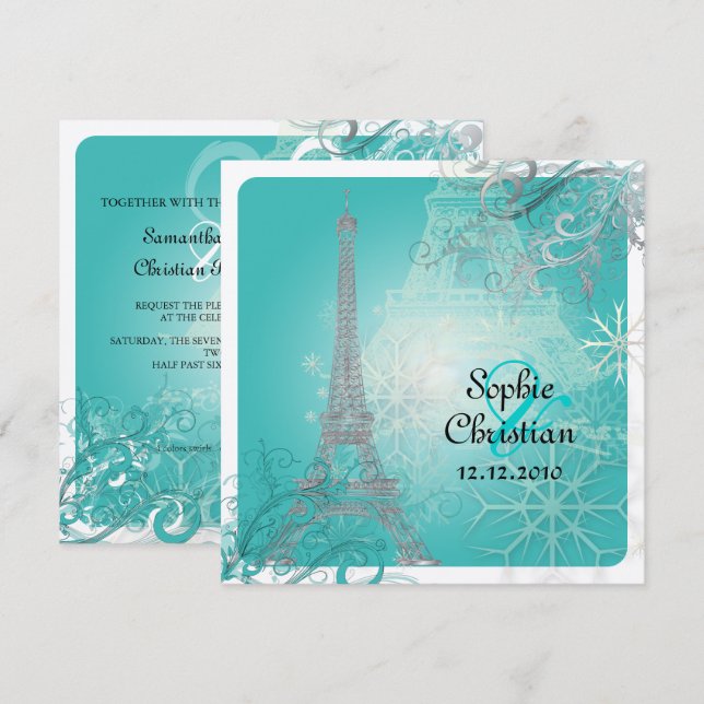 Convite PixDezines Torre Eiffel Falsa Prata/Teal (Frente/Verso)