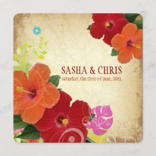 Convite PixDezines vermelho+laranja hibiscus+monstera