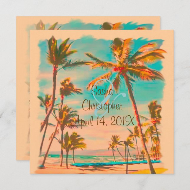 Convite PixDezines VINTAGE HAWAIIAN BEACH/TEAL/DIY Bckgrnd (Frente/Verso)