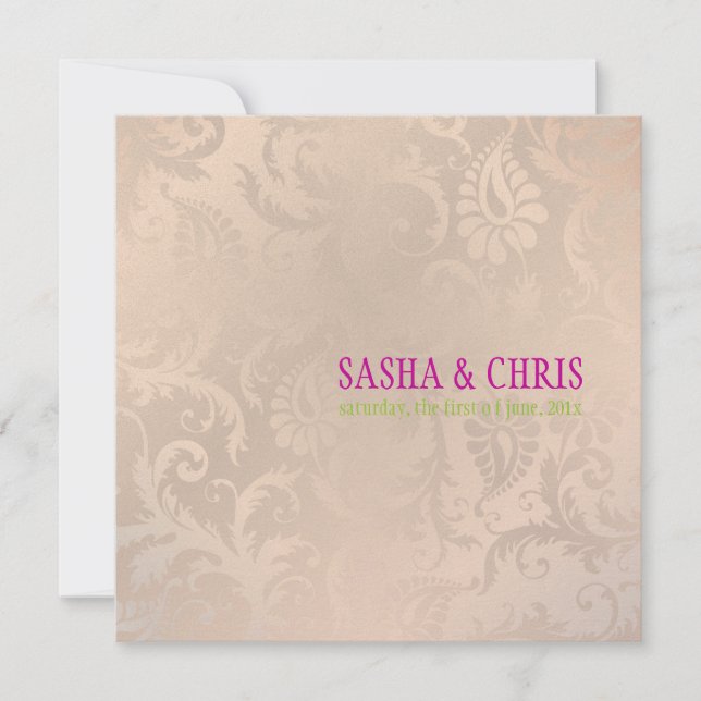 Convite PixDezines vintage pavo damask/champanhe rosa (Frente)