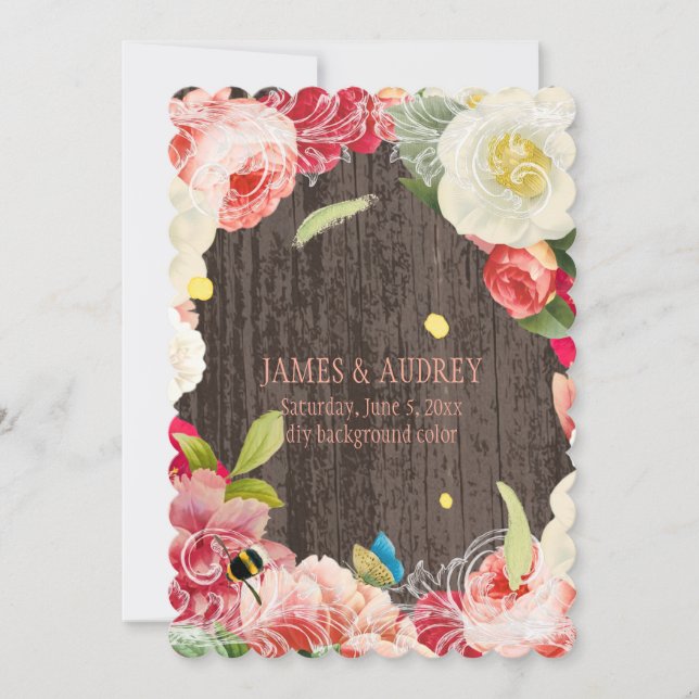 Convite PixDezines vintage peonies, rosas/redoute (Frente)