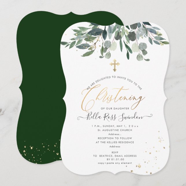 Convite PixDezines Watercolor Blue GumGreenery Christening (Frente/Verso)