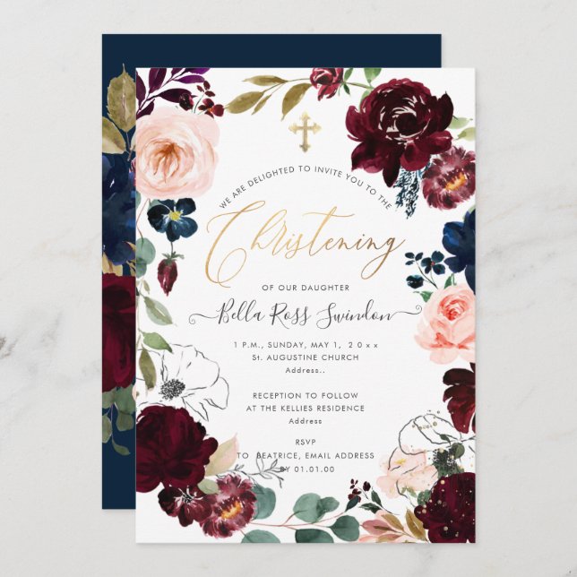 Convite PixDezines Watercolor Blush+Burgundy Wreath (Frente/Verso)