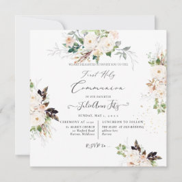Convite PixDezines Watercolor Blush+Cream Roses Communion