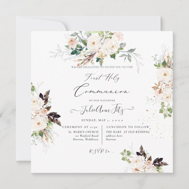 Convite PixDezines Watercolor Blush+Cream Roses Communion  (Frente)
