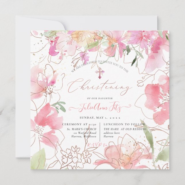 Convite PixDezines Watercolor Blush Peas Sweet Christening (Frente)