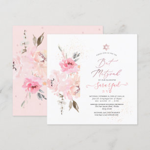 Convite PixDezines Watercolor Blush Peonies Bat Mitzvah