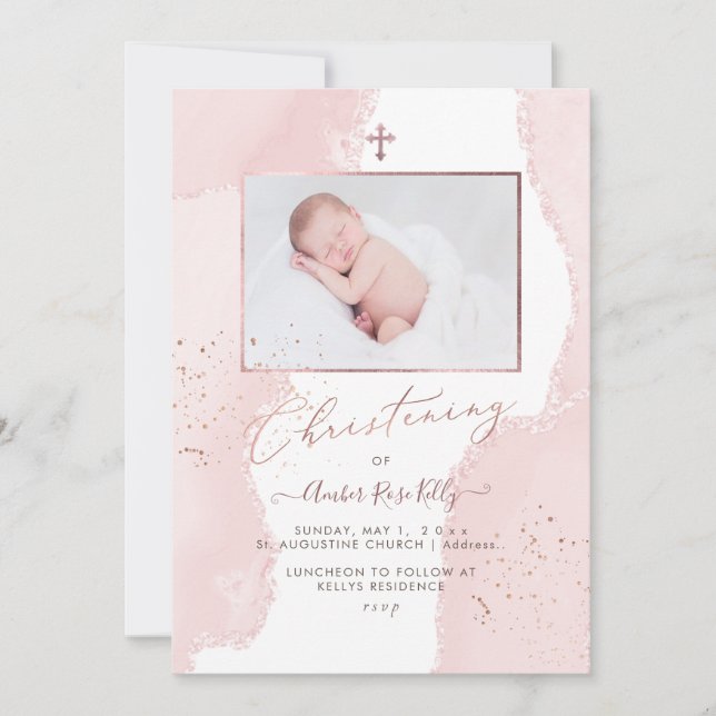 Convite PixDezines Watercolor Blush Pink Christening (Frente)