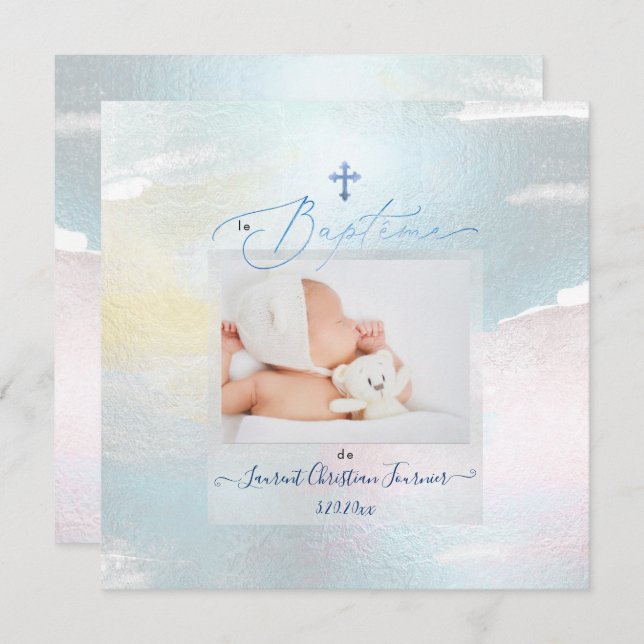 Convite PixDezines Watercolor Brush Stroke, Baptême garçon (Frente/Verso)