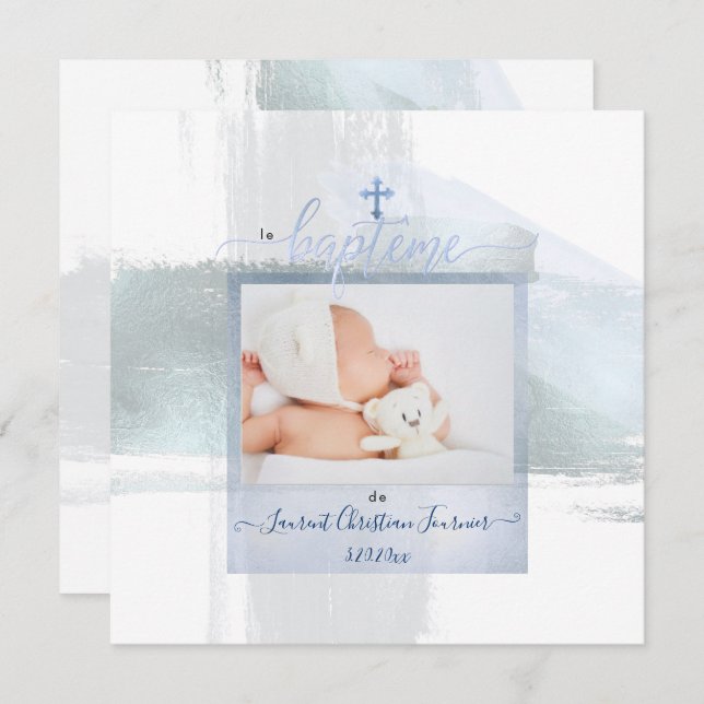 Convite PixDezines Watercolor Brush Stroke, Baptême garçon (Frente/Verso)