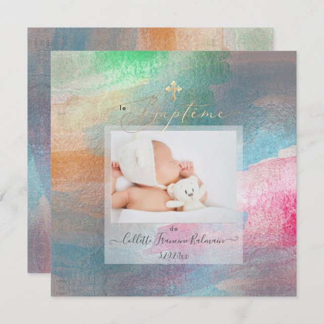 Convite PixDezines Watercolor Brushing Baptême File (Frente/Verso)