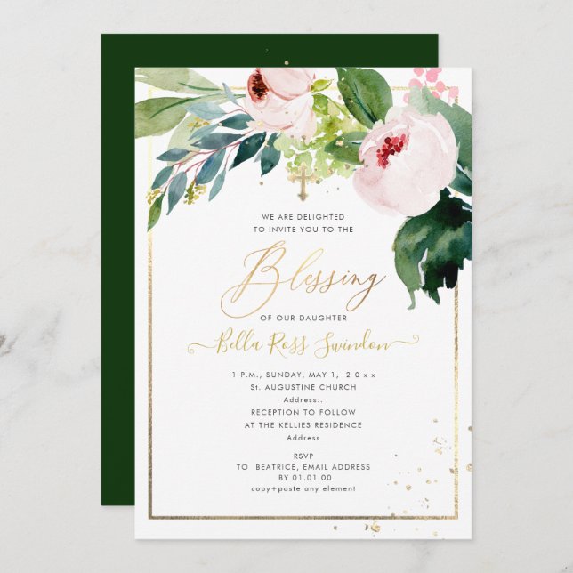 Convite PixDezines Watercolor Delicar Batismo De Blush Blo (Frente/Verso)