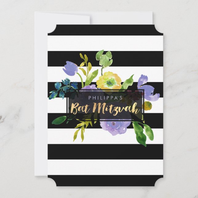 Convite PixDezines Watercolor/Floral/Stripes Bat Mitzvah (Frente)