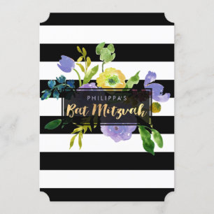 Convite PixDezines Watercolor/Floral/Stripes Bat Mitzvah